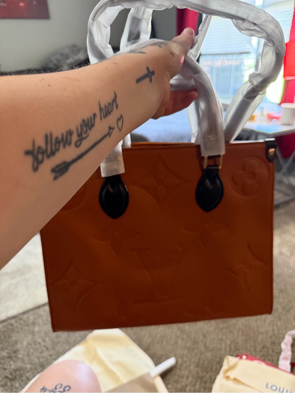 Structured Brown Embossed Tote Bag with Top Handles - Picture 6 of 6